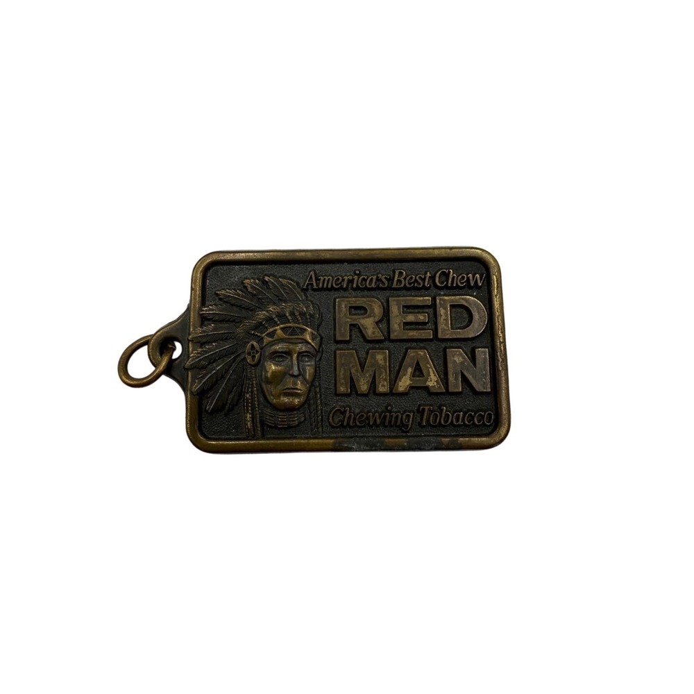 Vintage 1988 Red Man Chewing Tobacco Brass Keychain Fob Pinkerton Tobacco Co